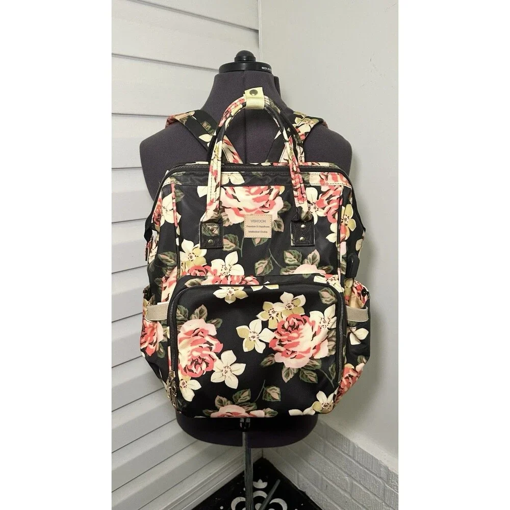 VSNOON Freedom And Happiness Black Floral Backpack Laptop Travel Bag